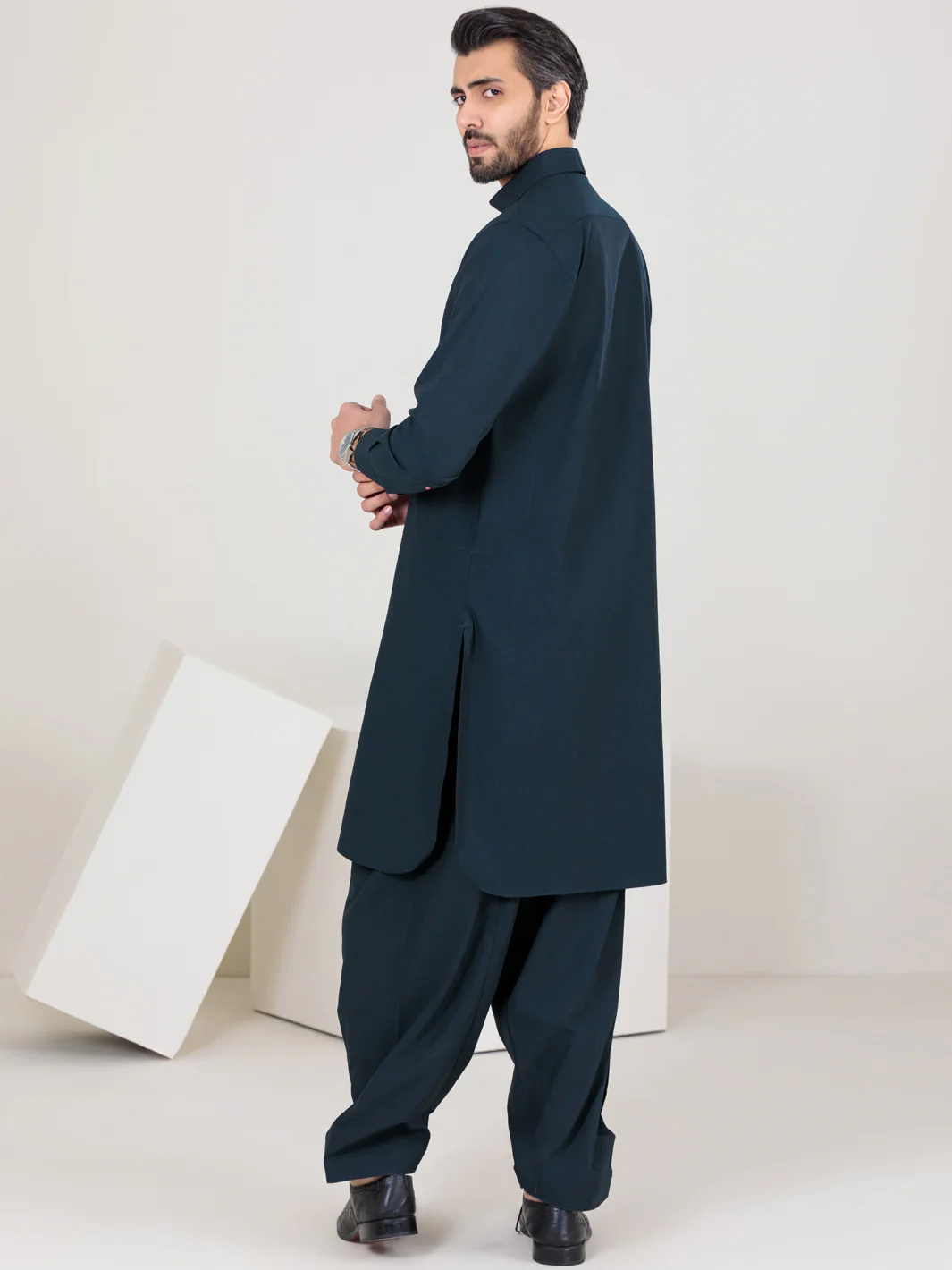 Navy Blue Blended Kameez Shalwar - ALWA-KS-360 - Image 3