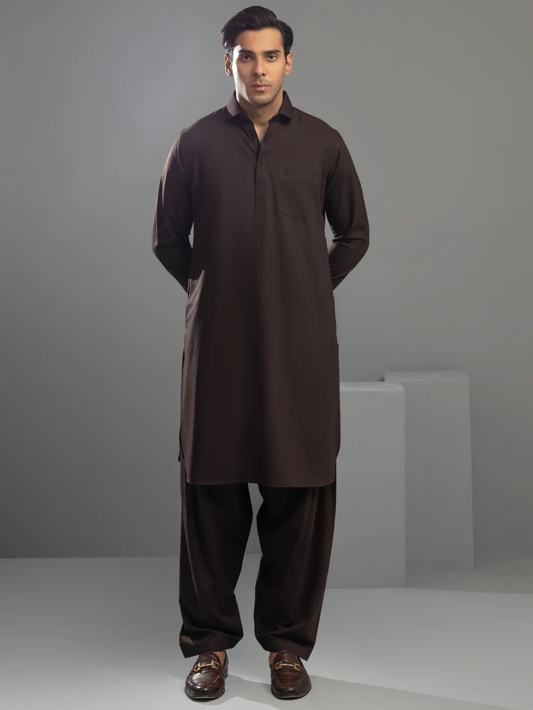 Brown Blended Kameez Shalwar - ALWA-KS-363