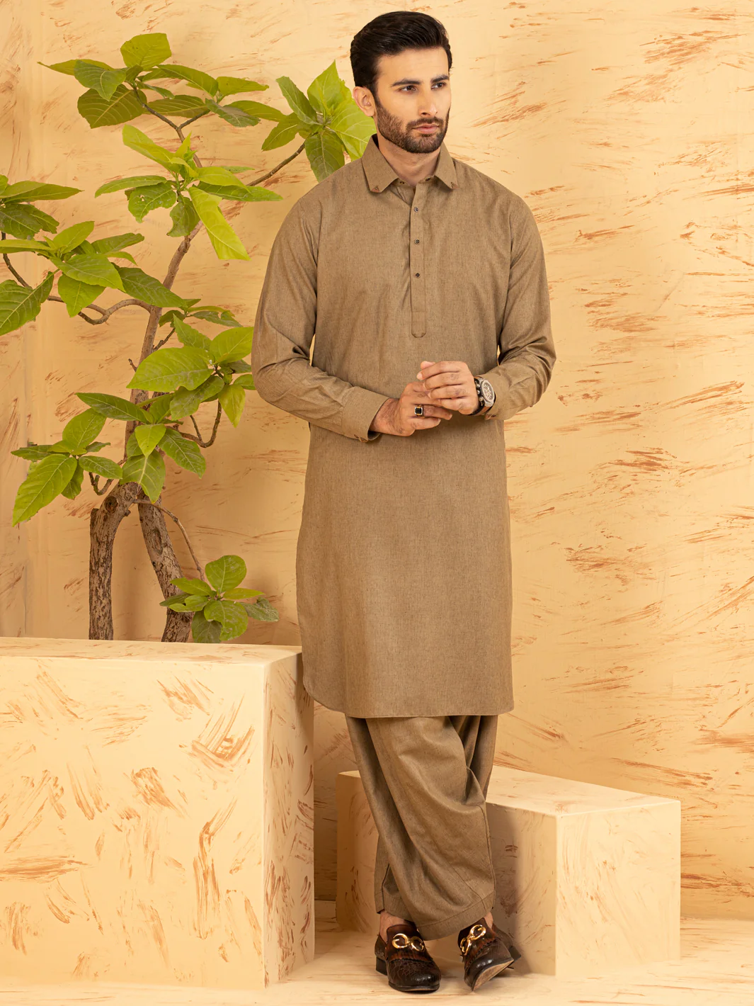 Khaki Brown Blended Kameez Shalwar - ALWA-KS-377