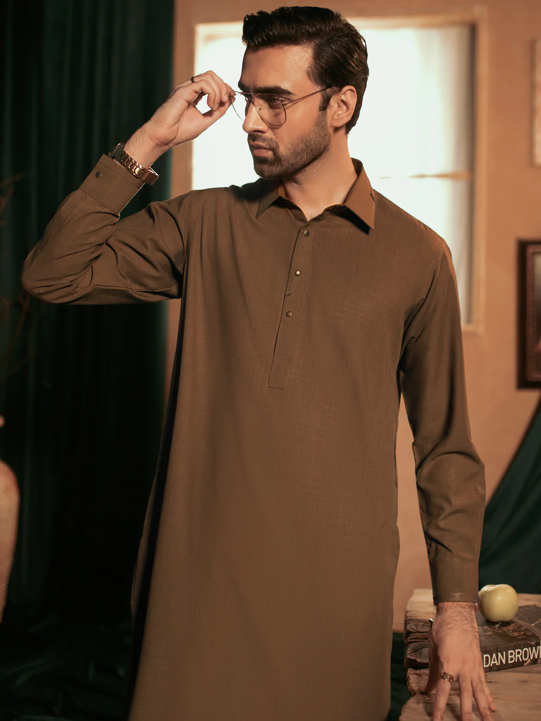 Brown Cotton Kameez Shalwar - ALWA-KS-378 - Image 2