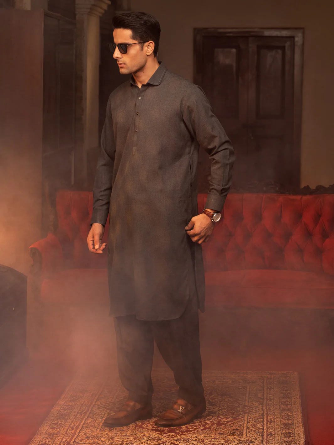 Charcoal Grey Blended Kameez Shalwar - ALWA-KS-423