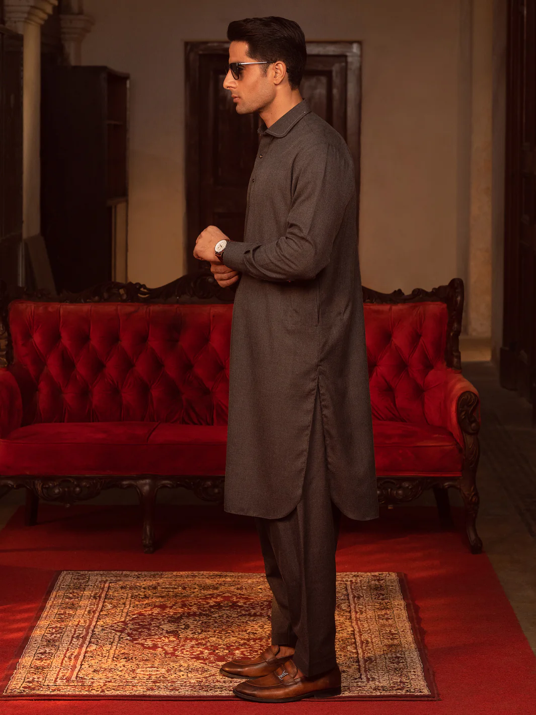 Charcoal Grey Blended Kameez Shalwar - ALWA-KS-423 - Image 2