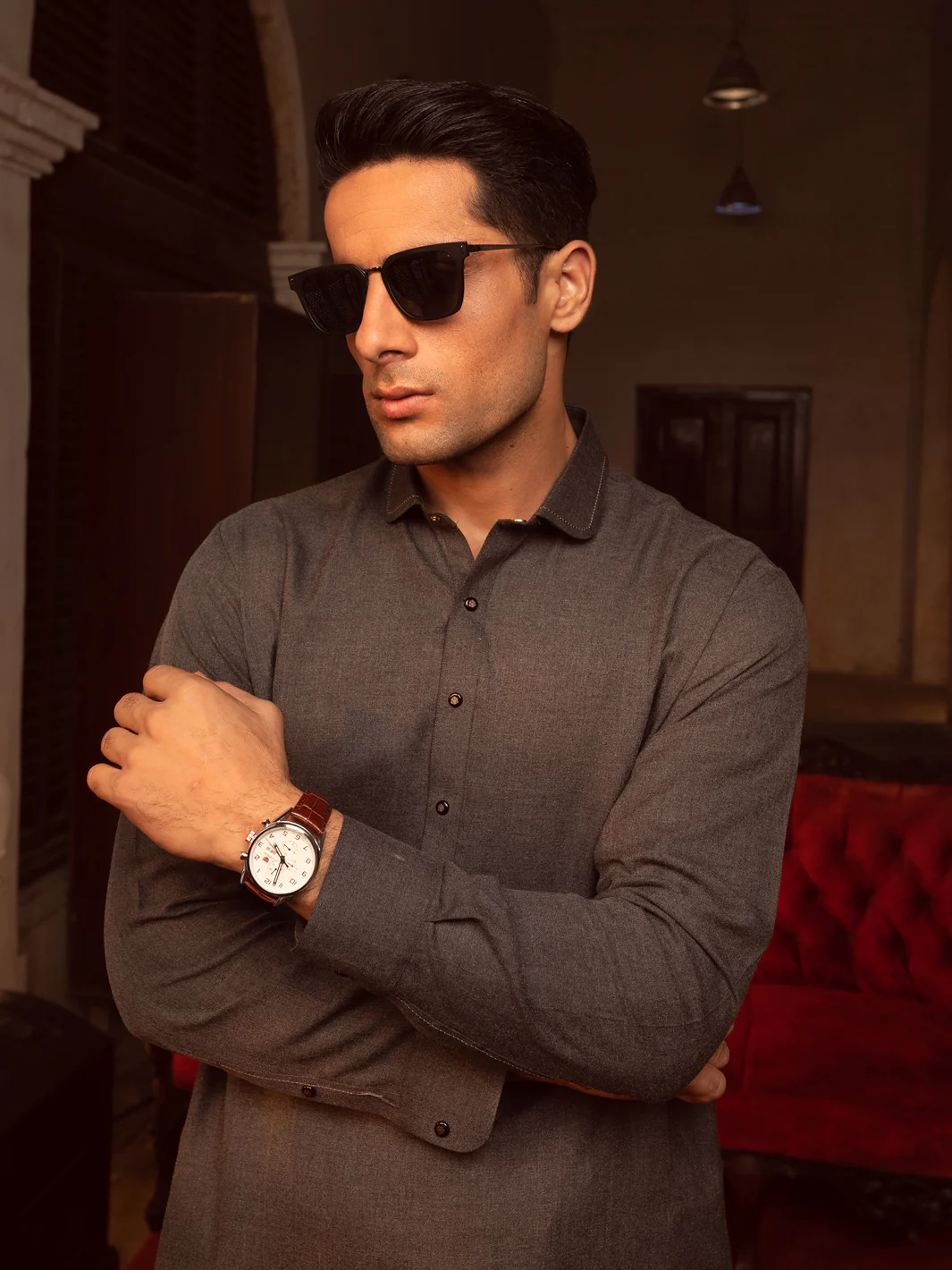 Charcoal Grey Blended Kameez Shalwar - ALWA-KS-423 - Image 3