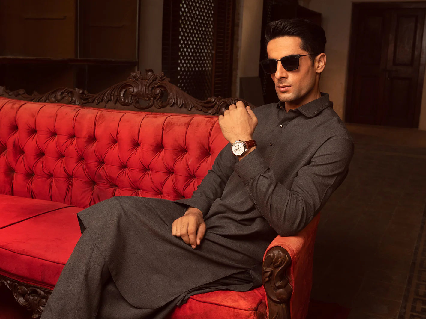 Charcoal Grey Blended Kameez Shalwar - ALWA-KS-423 - Image 4