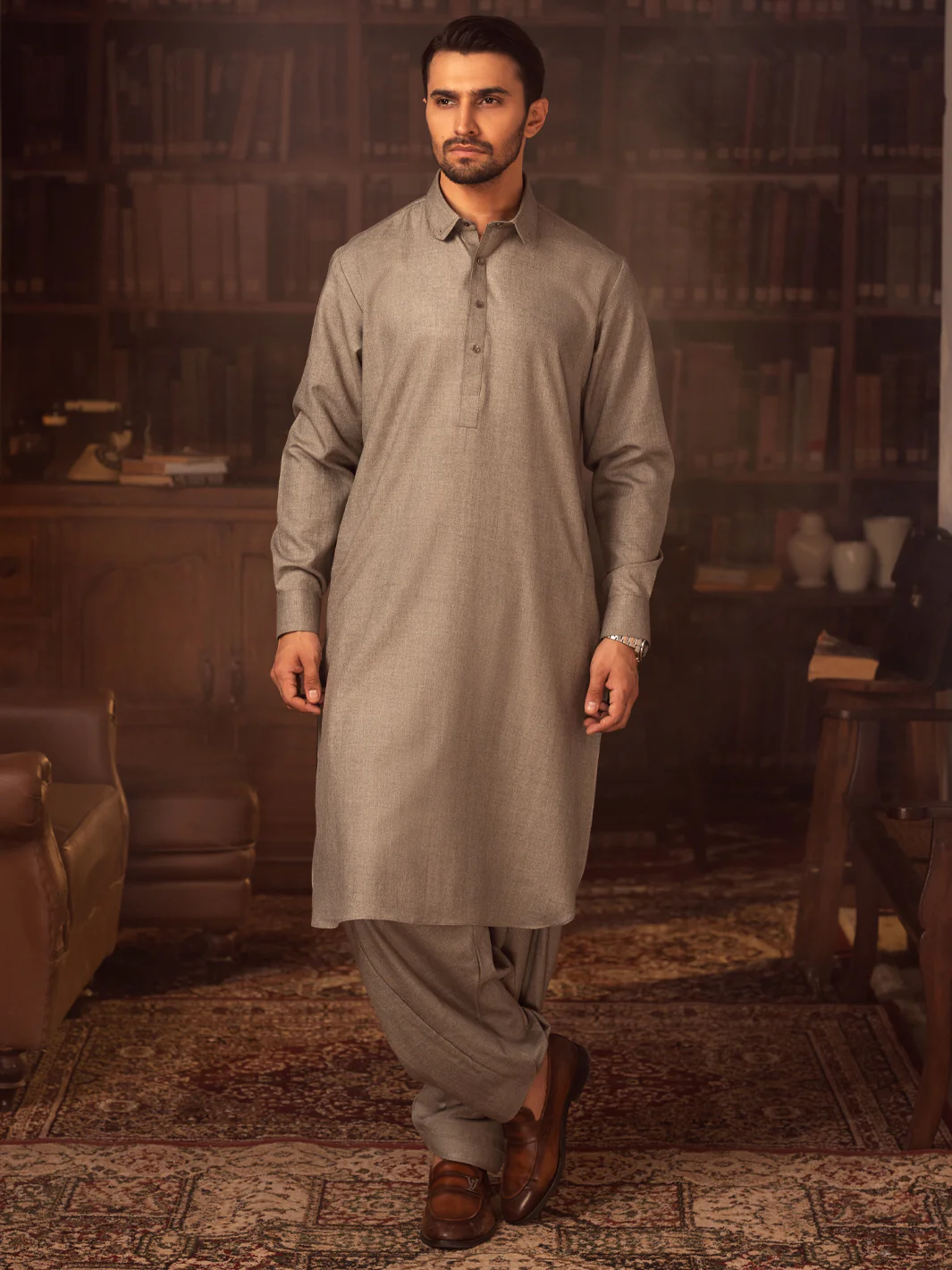 Light Grey Blended Kameez Shalwar - ALWA-KS-424