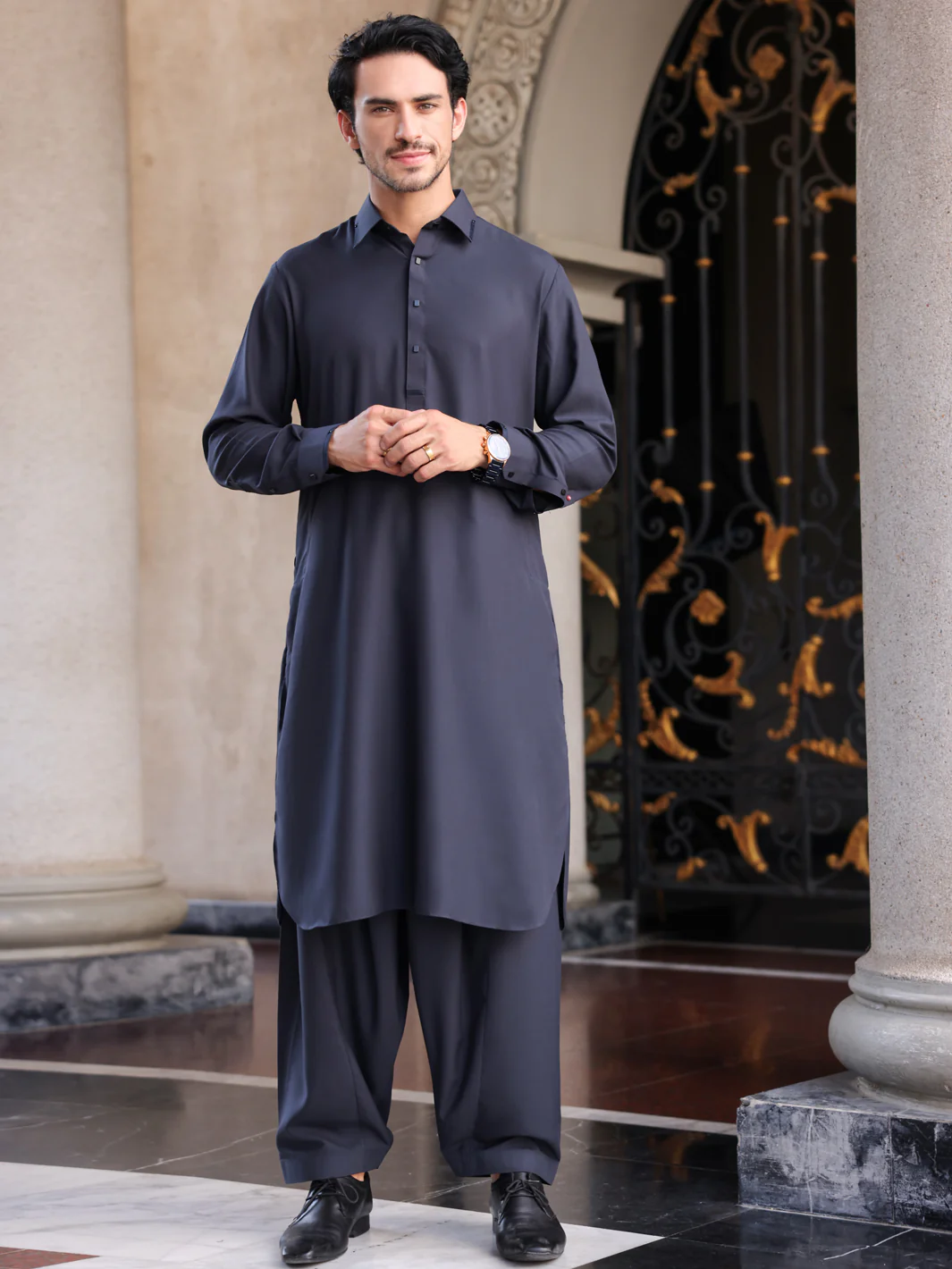 Dark Grey Blended Kameez Shalwar - ALWA-KS-425