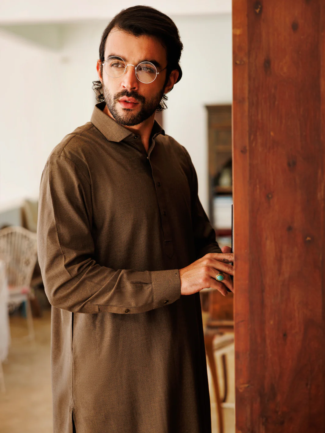 Olive Green Blended Kameez Shalwar - ALWA-KS-501 - Image 2