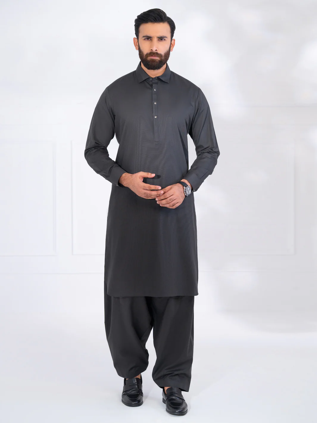 Charcoal Grey Blended Kameez Shalwar - ALWA-KS-568