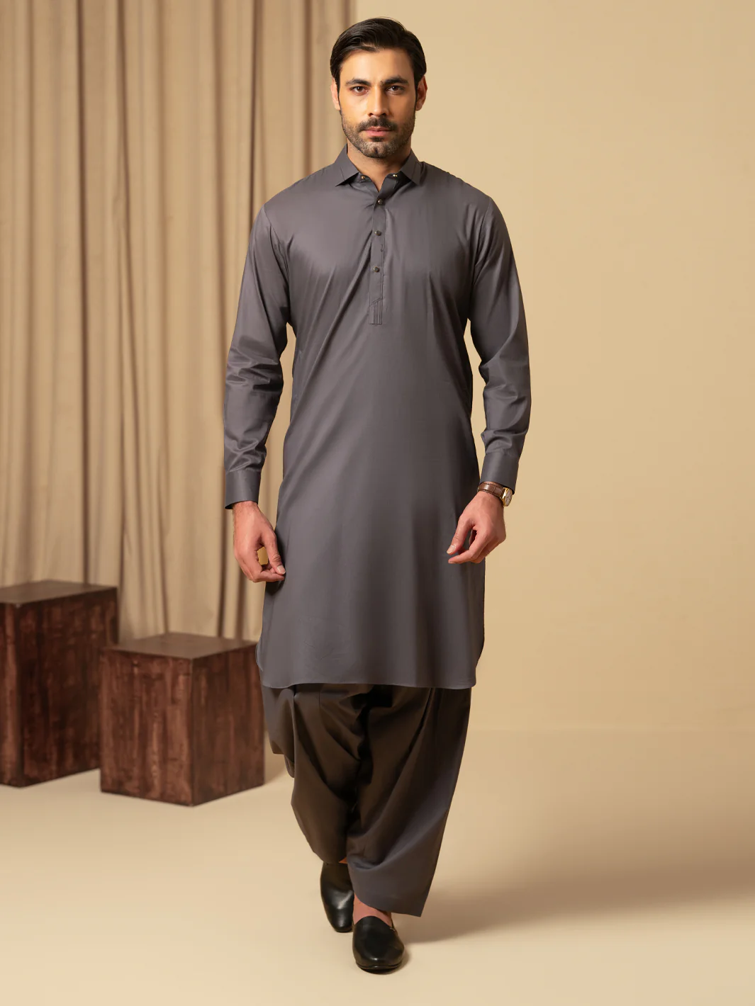 Grey Cotton Kameez Shalwar - ALWA-KS-576
