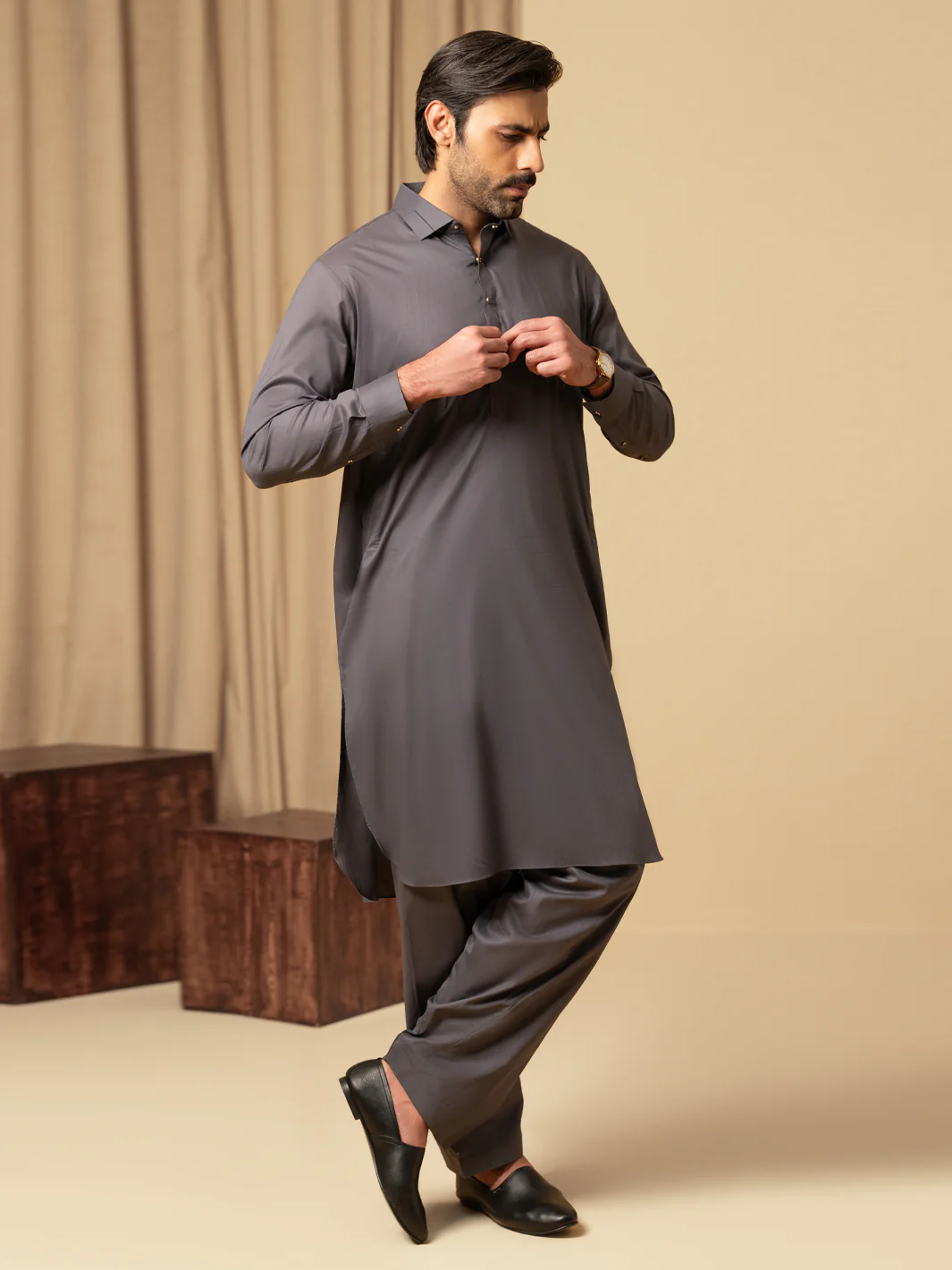 Grey Cotton Kameez Shalwar - ALWA-KS-576 - Image 5