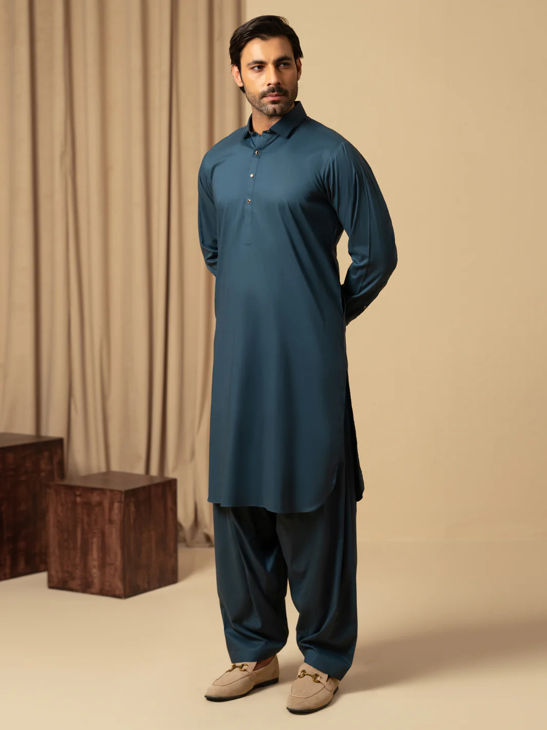 Dark Teal Cotton Kameez Shalwar - ALWA-KS-577