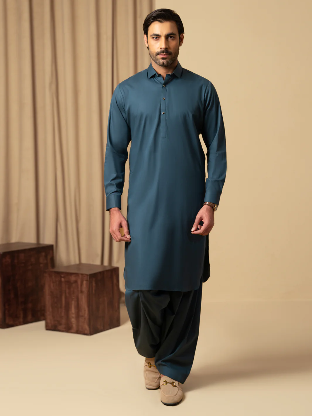 Dark Teal Cotton Kameez Shalwar - ALWA-KS-577 - Image 5