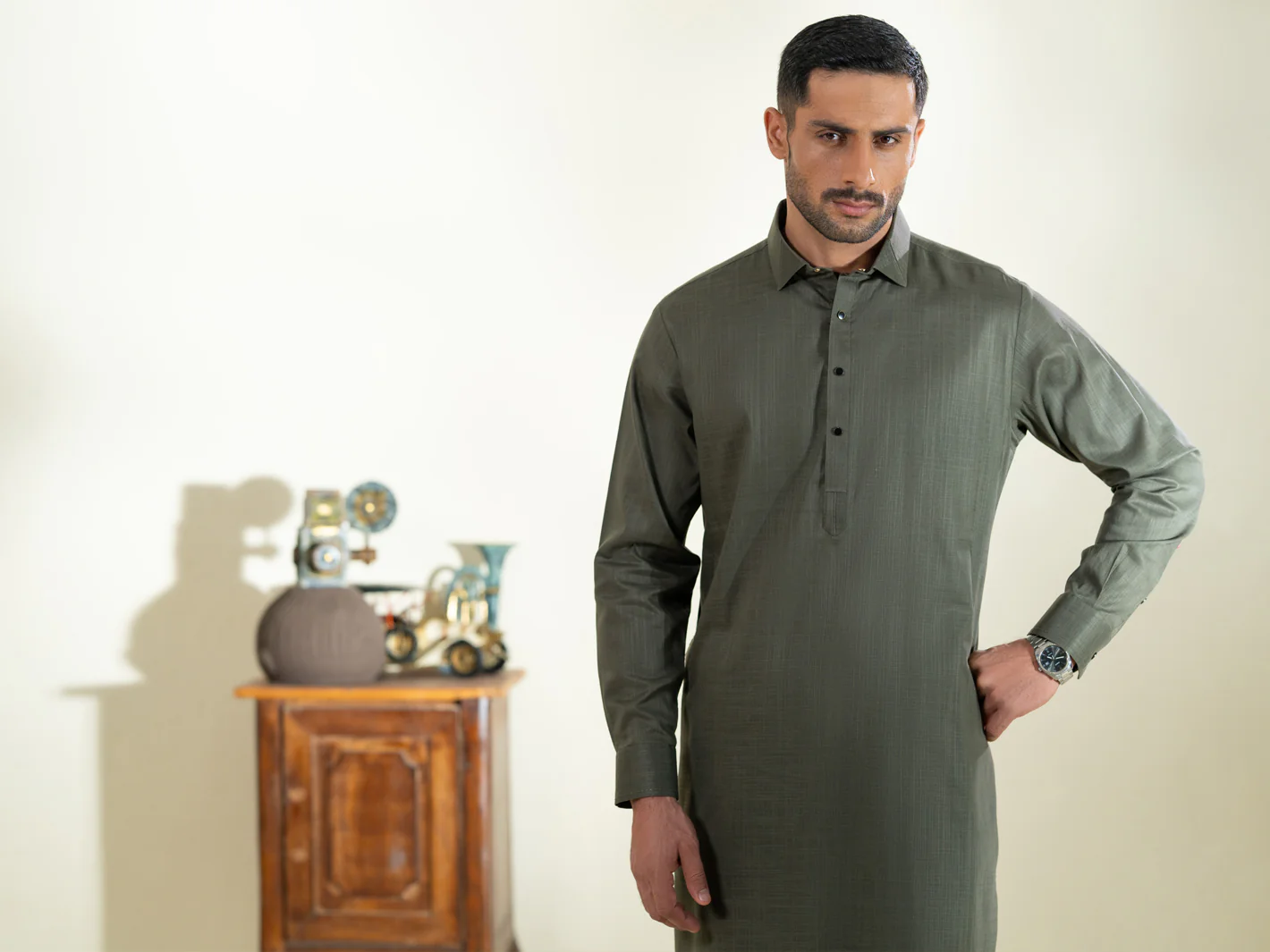 Green Cotton Kameez Shalwar - ALWA-KS-578 - Image 5