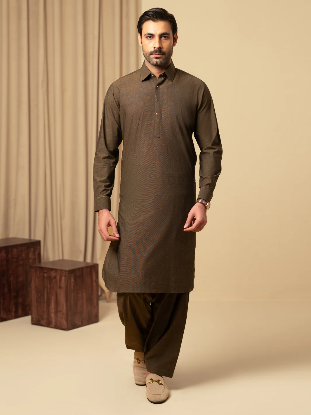Dark Brown Cotton Kameez Shalwar - ALWA-KS-585 - Image 5