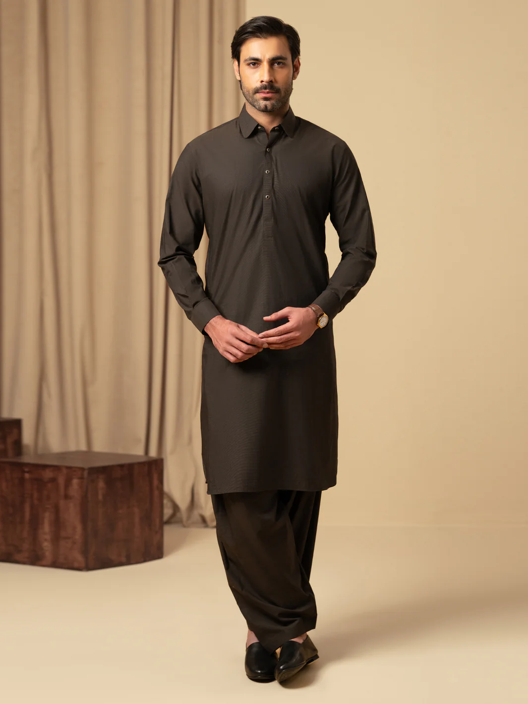 Dark Brown Cotton Kameez Shalwar - ALWA-KS-587