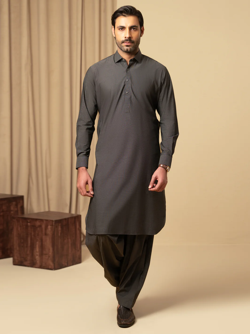 Charcoal Grey Cotton Kameez Shalwar - ALWA-KS-588 - Image 5