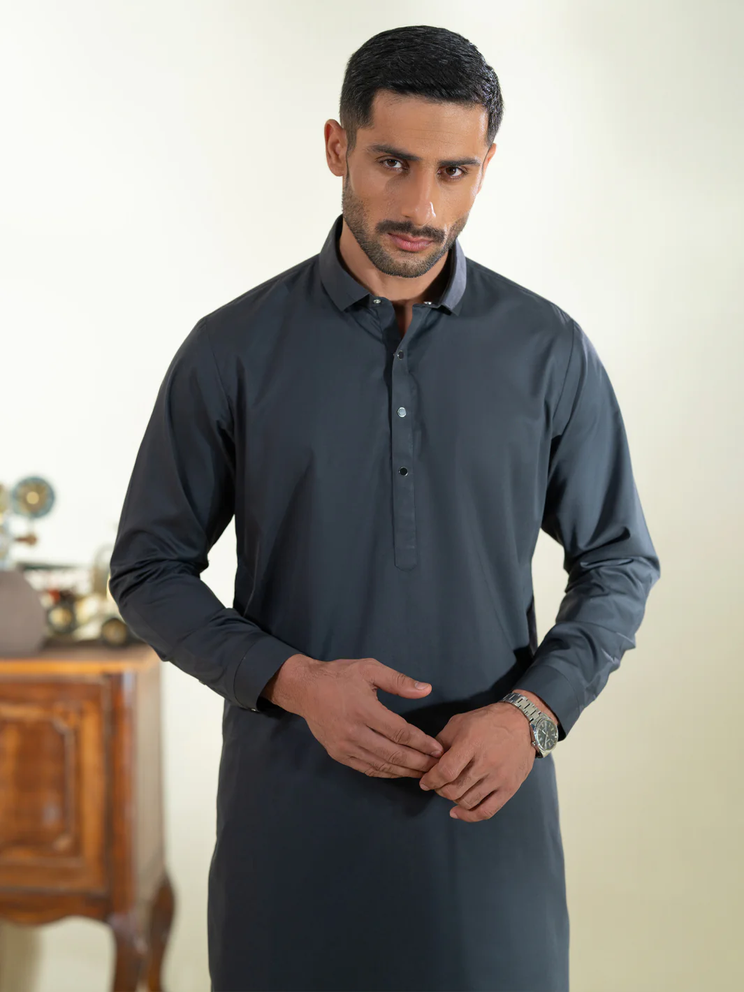 Charcoal Grey Kameez Shalwar - ALWA-KS-593 - Image 2