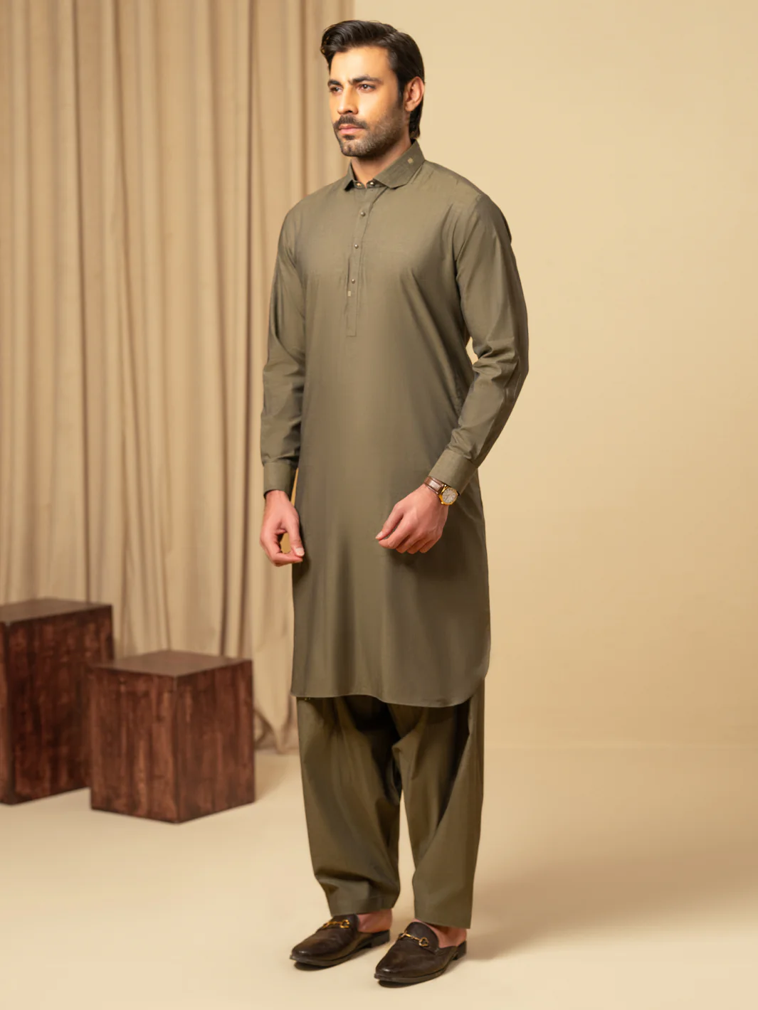 Olive Green Cotton Kameez Shalwar - ALWA-KS-598 - Image 5