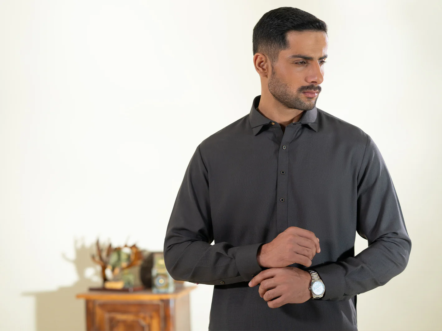 Charcoal Grey Kameez Shalwar - ALWA-KS-605 - Image 4