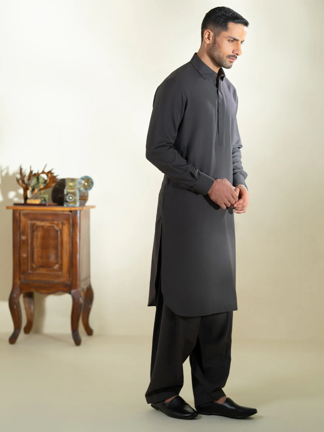 Charcoal Grey Kameez Shalwar - ALWA-KS-605 - Image 5