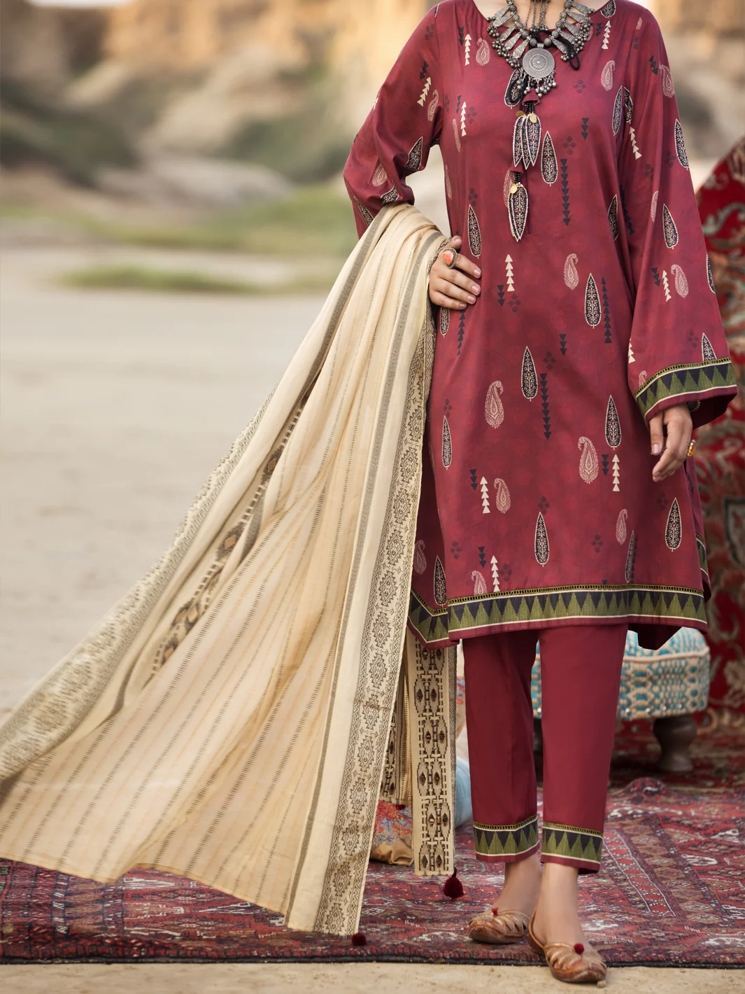 Maroon Cambric 3 Piece Unstitched - AWP-3PS-329