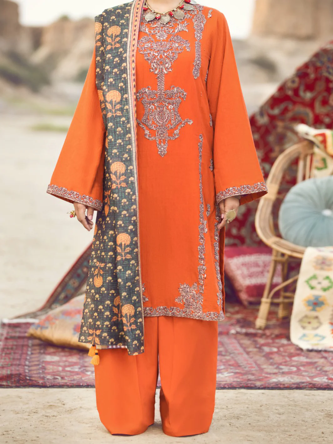 Orange Dobby Jacquard 3 Piece Stitched - AWP-3PS-333