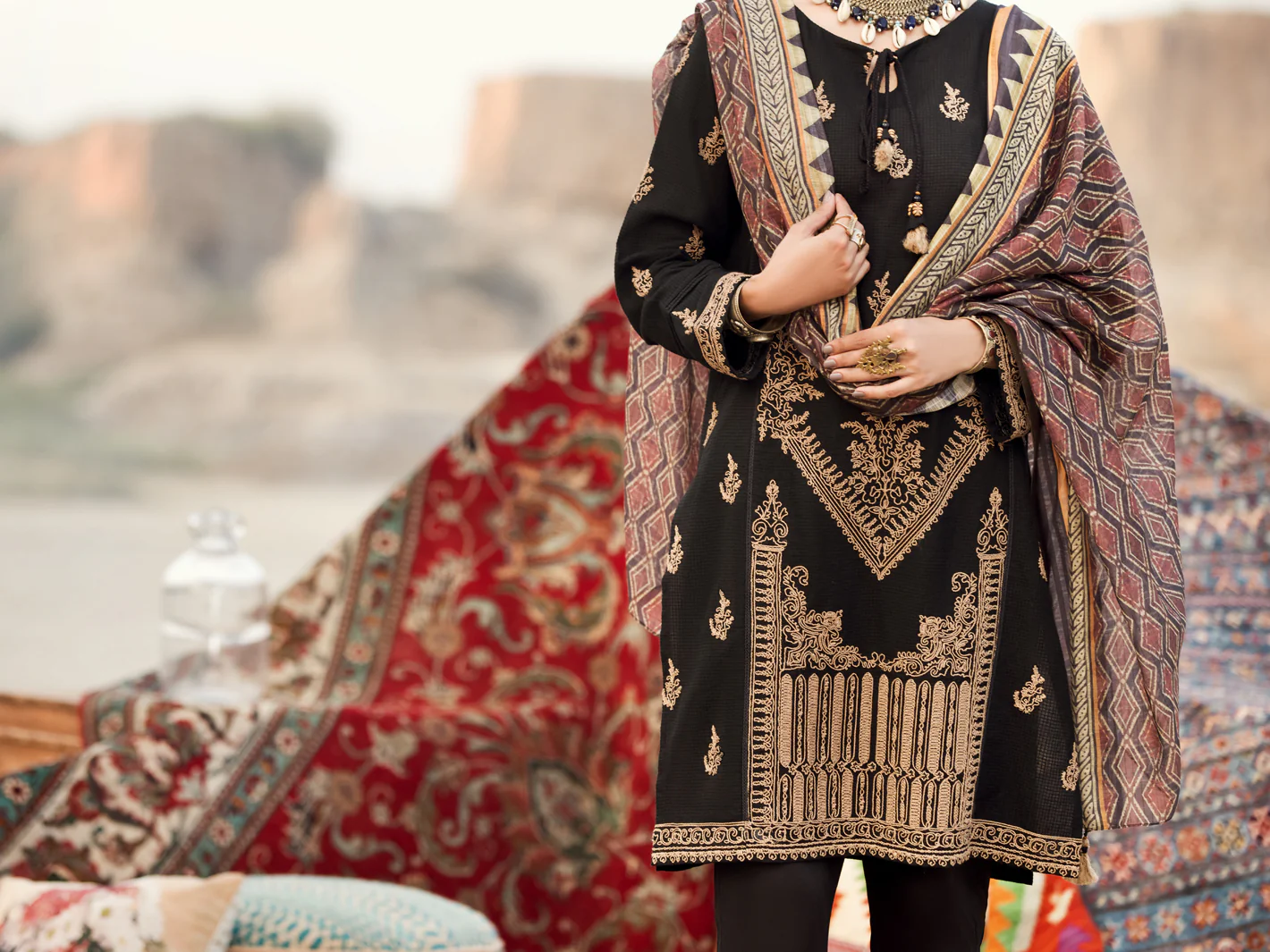 Black Dobby Jacquard 3 Piece Unstitched - AWP-3PS-334 - Image 3