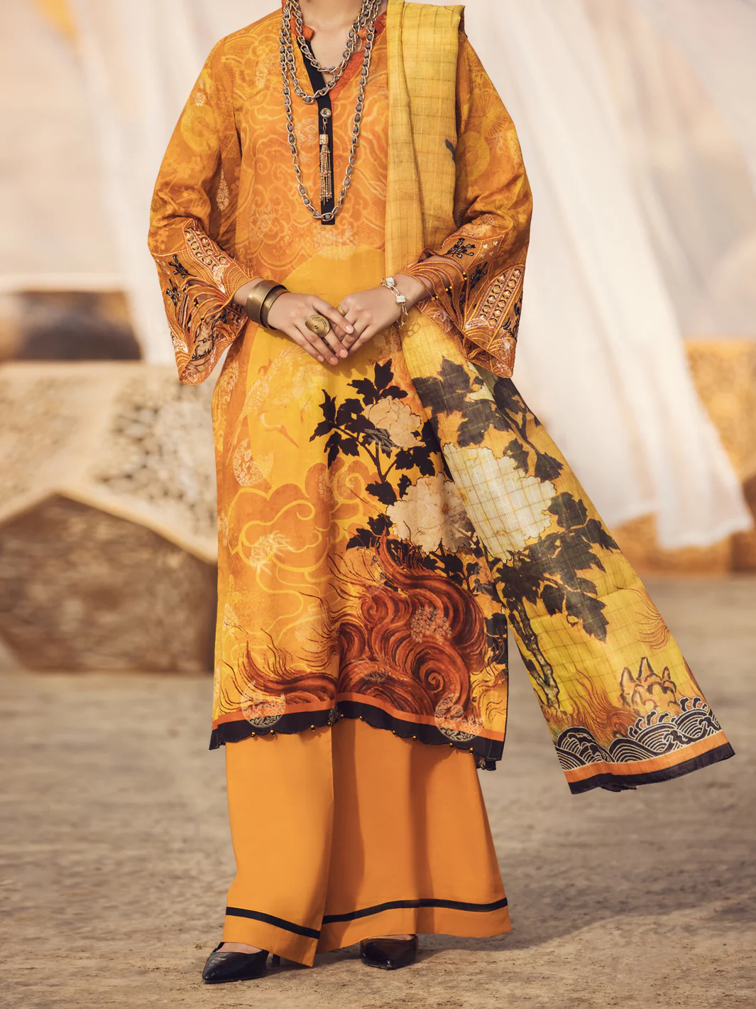 Mustard Khaddar 3 Piece Stitched - AWP-3PS-339A