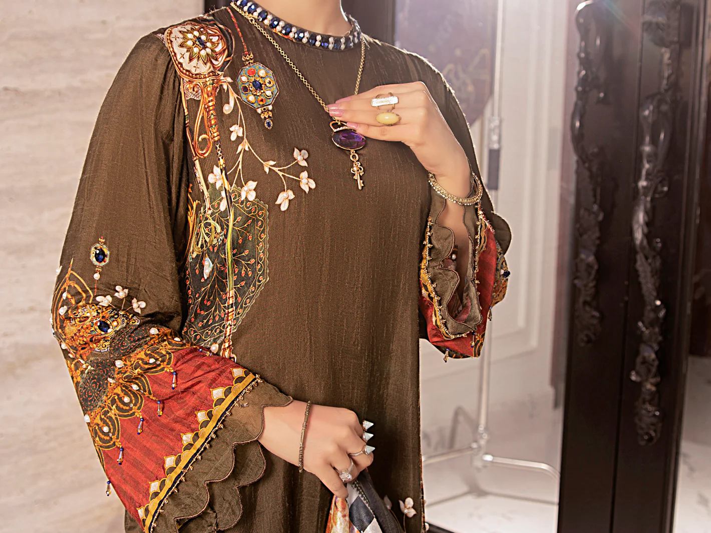 Olive Raw Silk 3 Piece Stitched - AWP-3PS-357 - Image 3