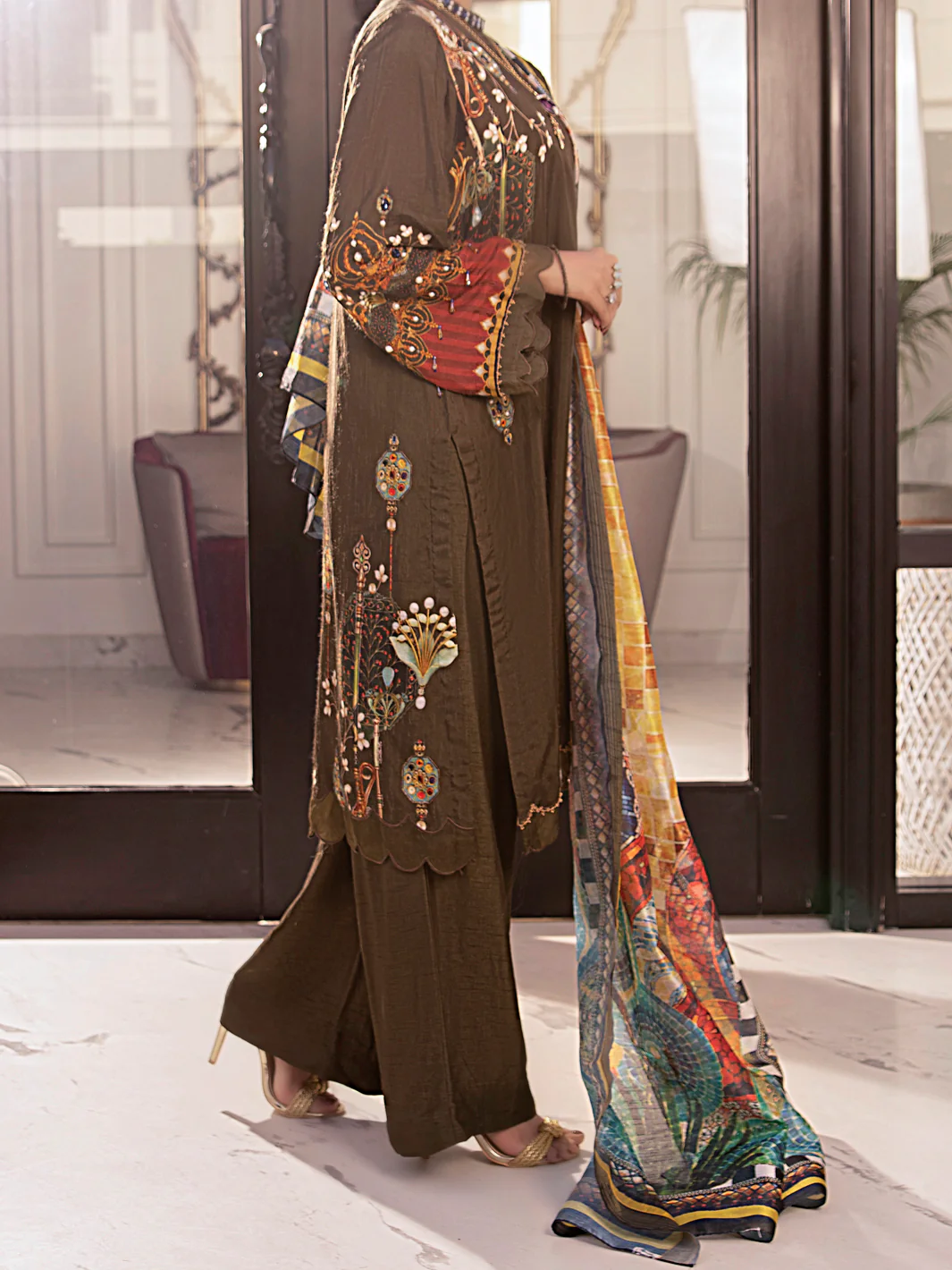 Olive Raw Silk 3 Piece Stitched - AWP-3PS-357 - Image 5