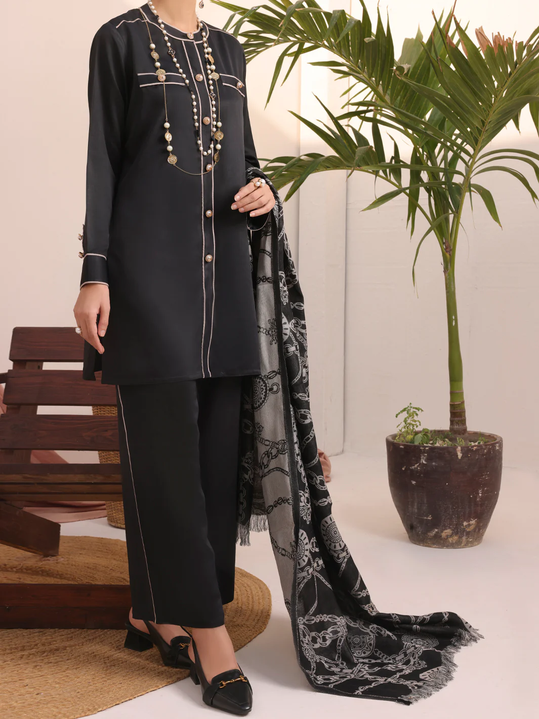 Black Dobby Viscose Unstitched 3 Piece - AWP-3PS-432 - Image 3
