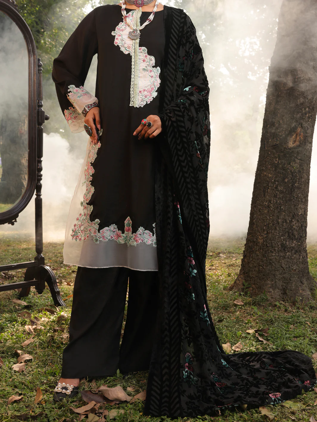 Black Slub Viscose Unstitched 3 Piece - AWP-3PS-442