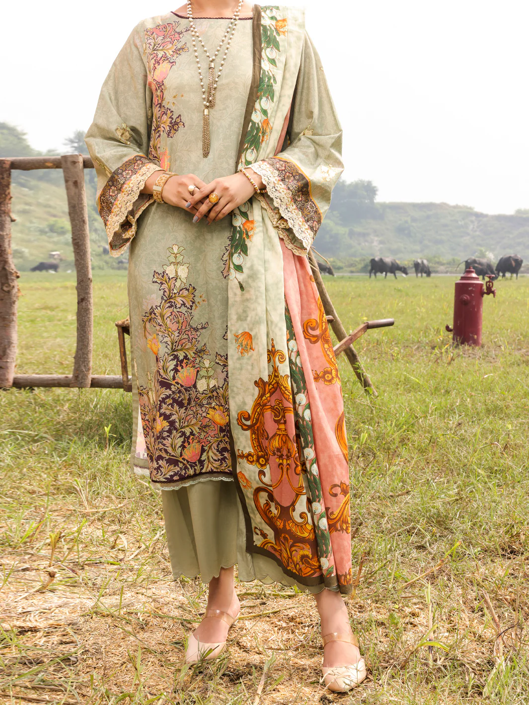 Sage Green Cambric Unstitched 3 Piece - AWP-3PS-522