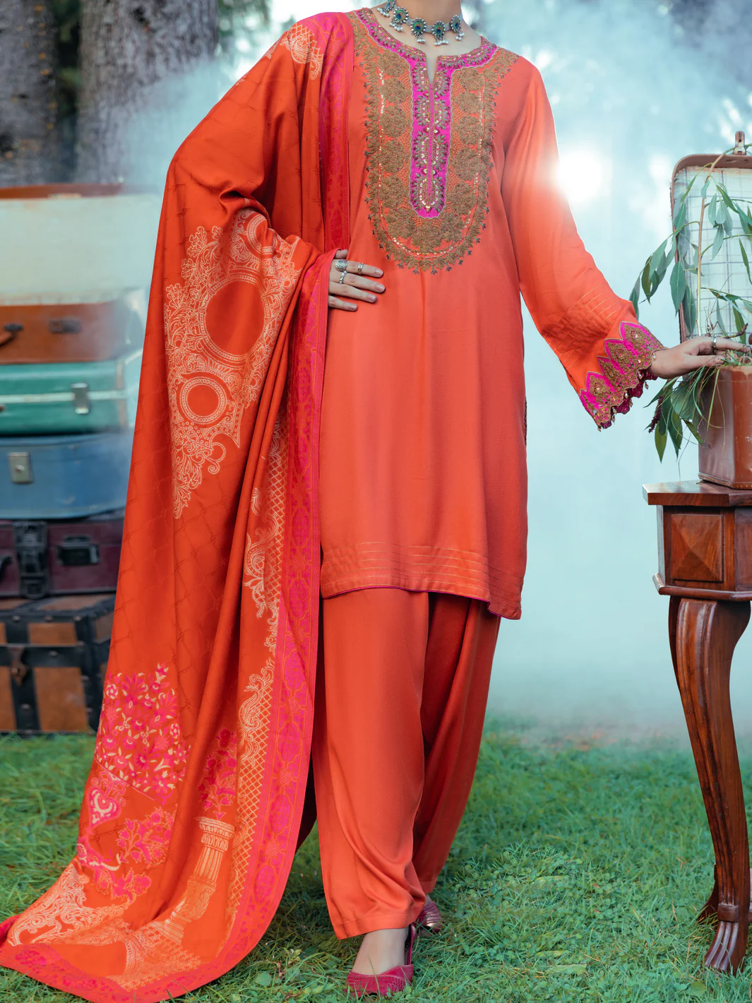 Rust Viscose Dobby 3 Piece Stitched - AWP-3PS-533