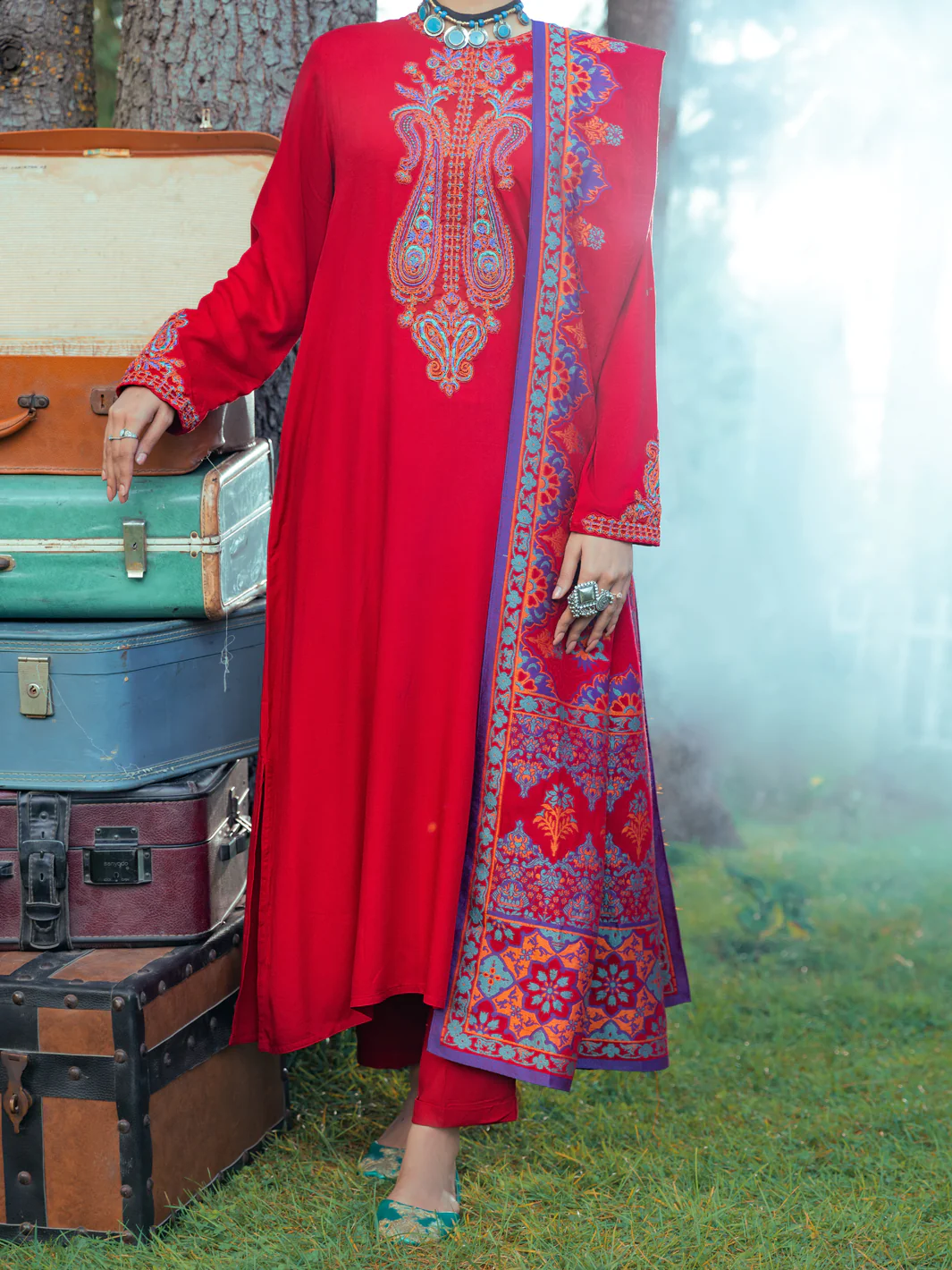Red Viscose Dobby 3 Piece Unstitched - AWP-3PS-535