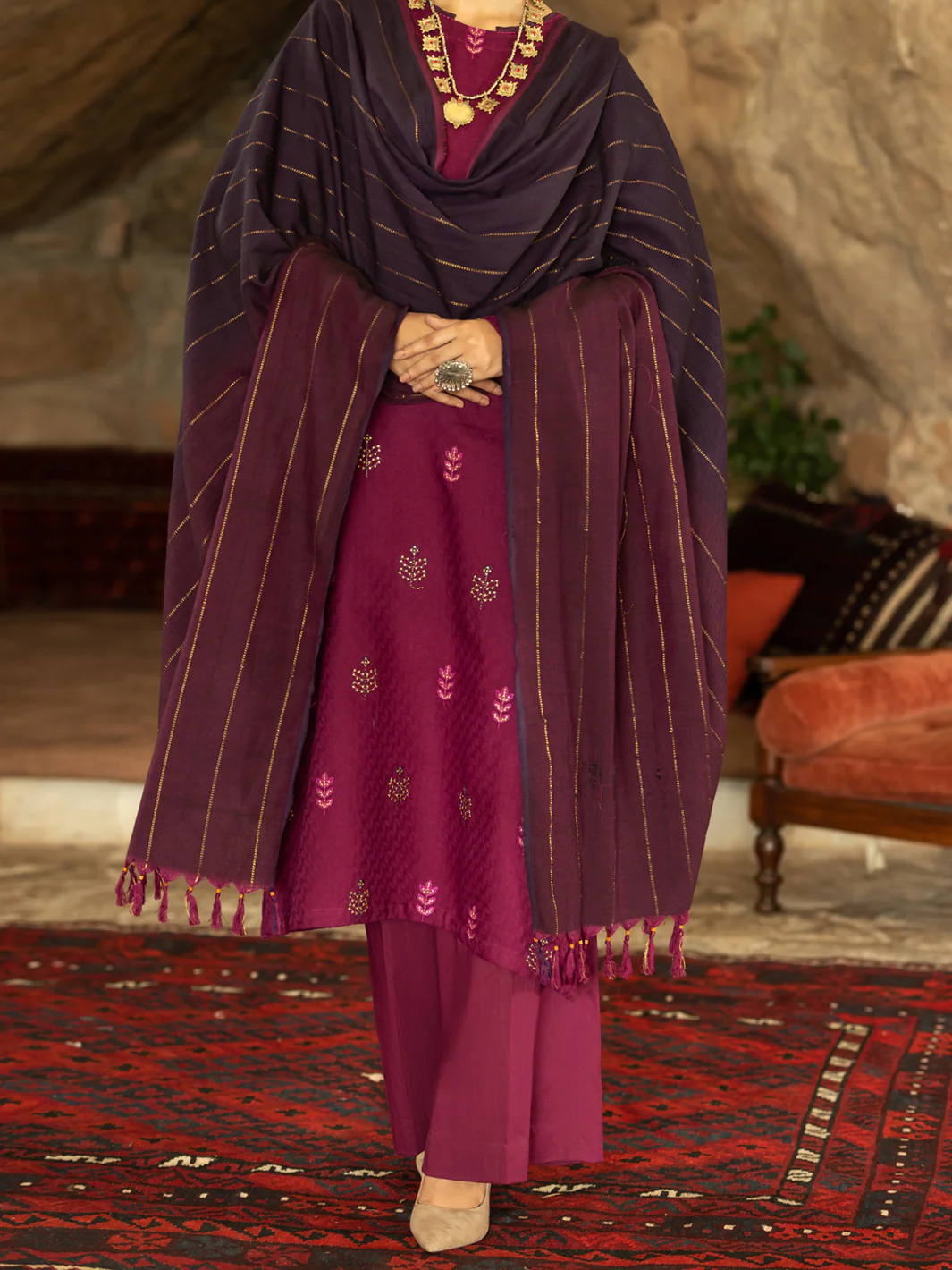 Purple Yarn-Dyed Jacquard 3 Piece Unstitched - AWP-3PS-567 - Image 3
