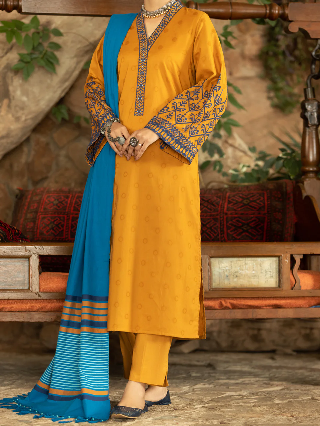 Mustard Yarn-Dyed Jacquard 3 Piece Stitched - AWP-3PS-568 - Image 2
