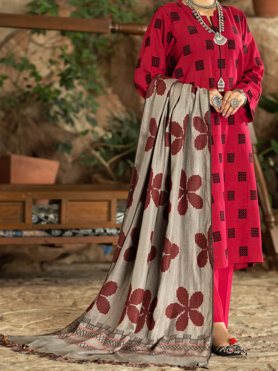 Red Velvet Jacquard 3 Piece Unstitched - AWP-3PS-572