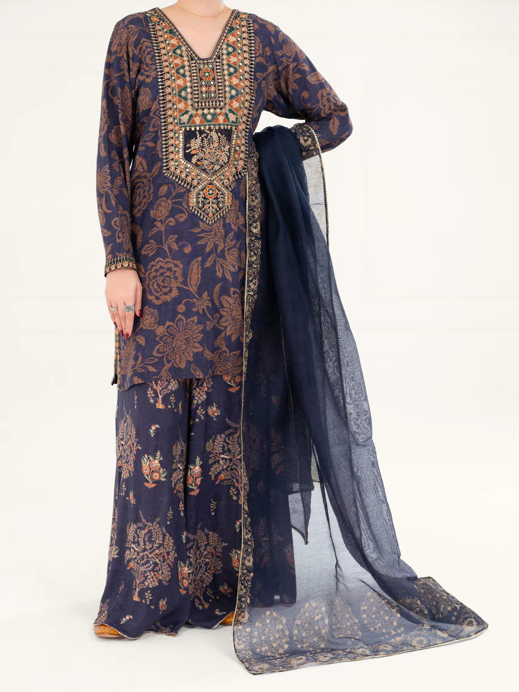 Navy Blue Poly-Raw Silk 3Pc Stitched - AWP-3PS-755 - Image 4