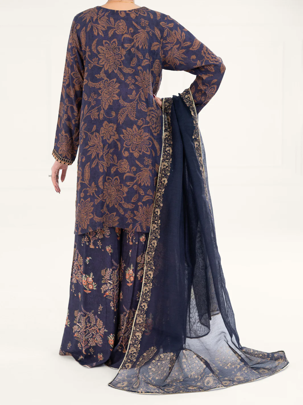 Navy Blue Poly-Raw Silk 3Pc Stitched - AWP-3PS-755 - Image 5