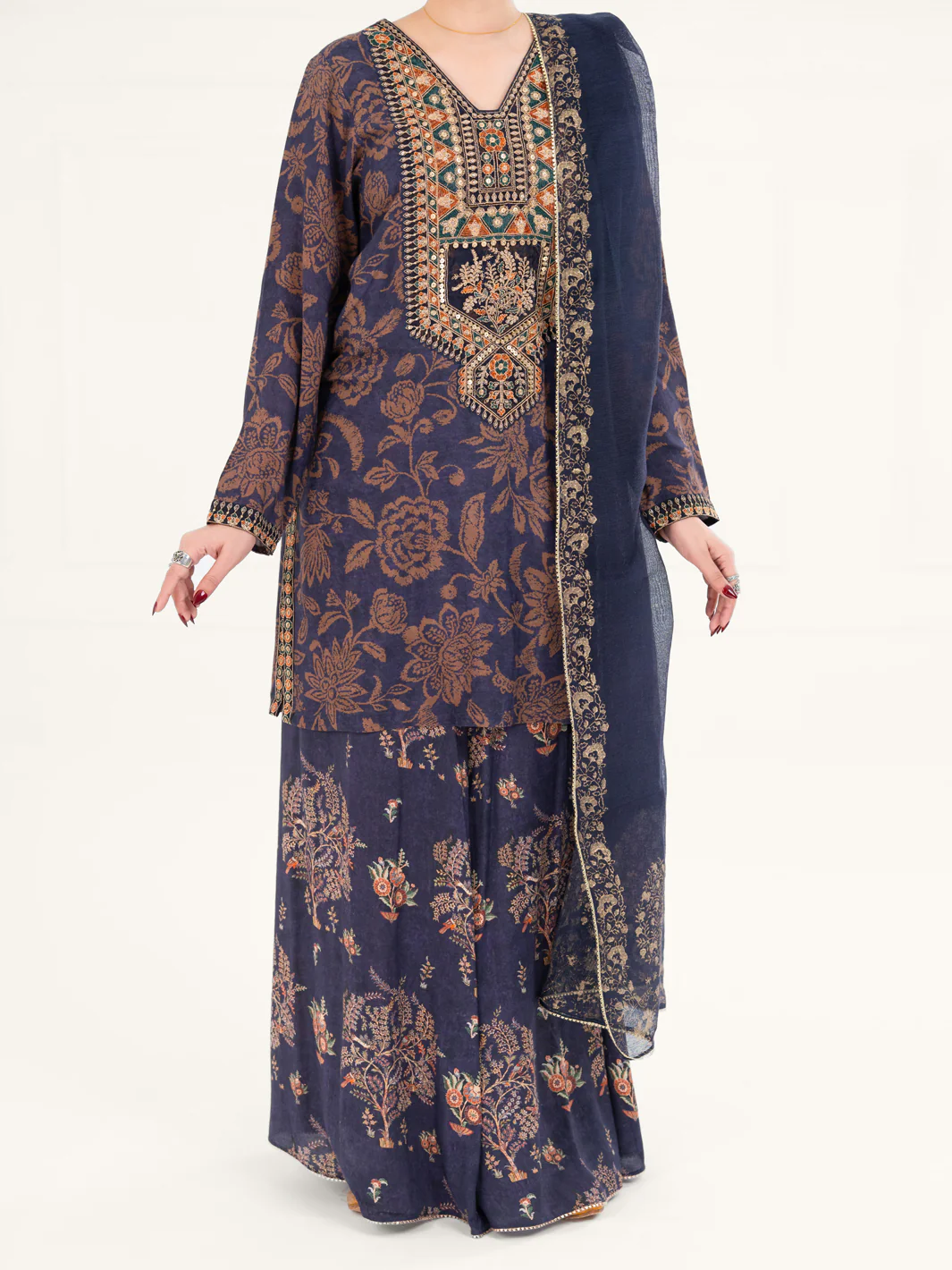 Navy Blue Poly-Raw Silk 3Pc Stitched - AWP-3PS-755 - Image 7