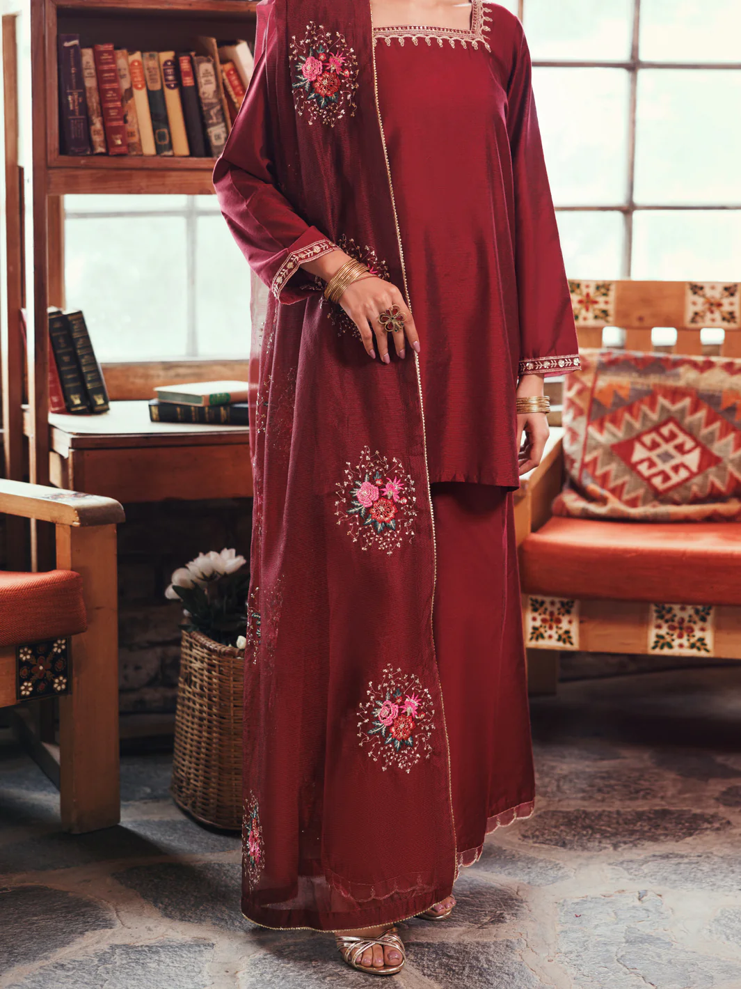 Maroon Yarn Dyed 3Pc Stitched - AWP-3PS-759
