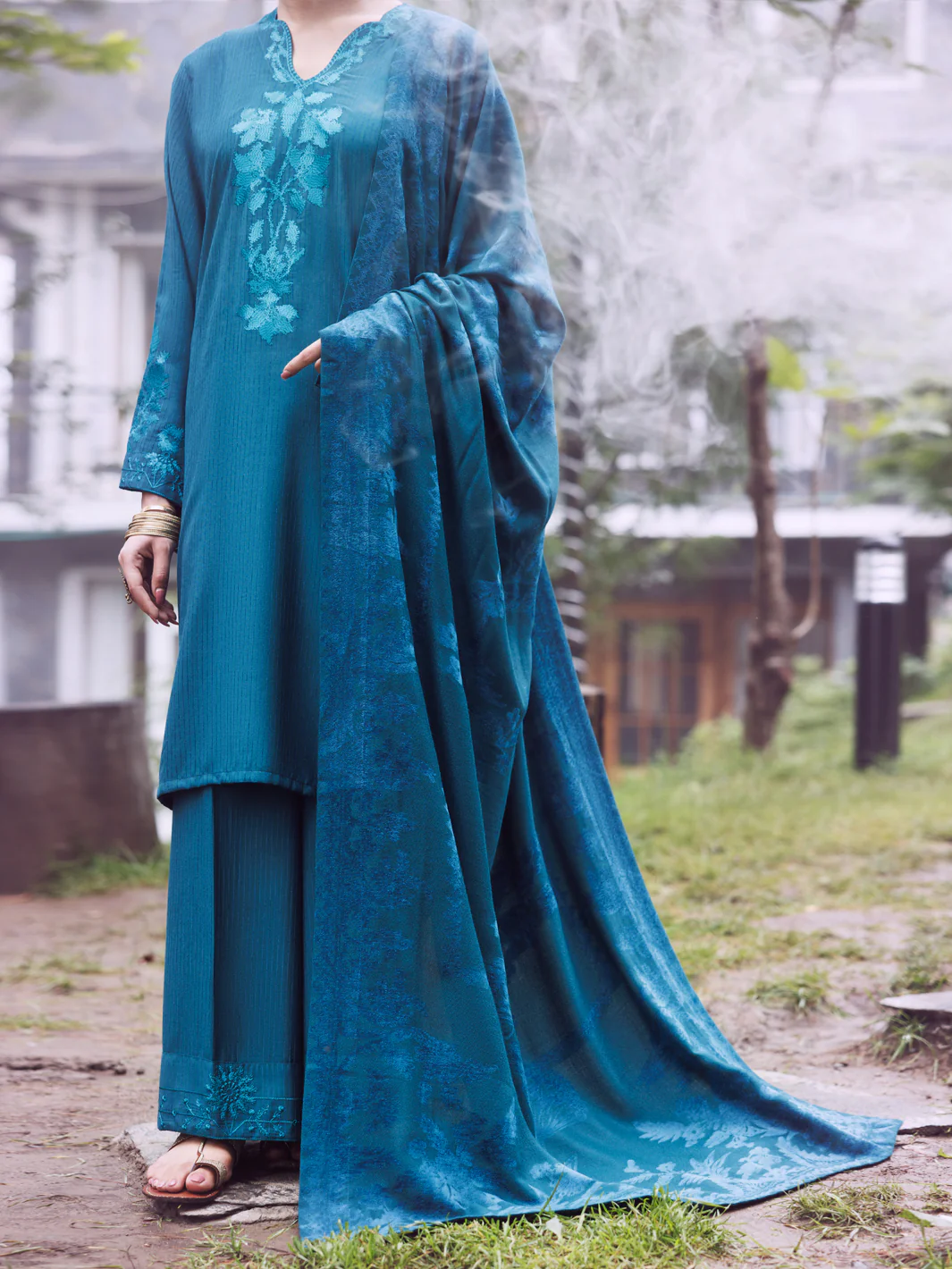 Teal Velvet Stripe 3Pc Stitched - AWP-3PS-765