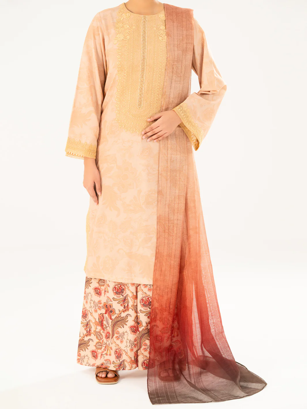 Khaki Poly Jacquard 3Pc Unstitched - AWP-3PS-768