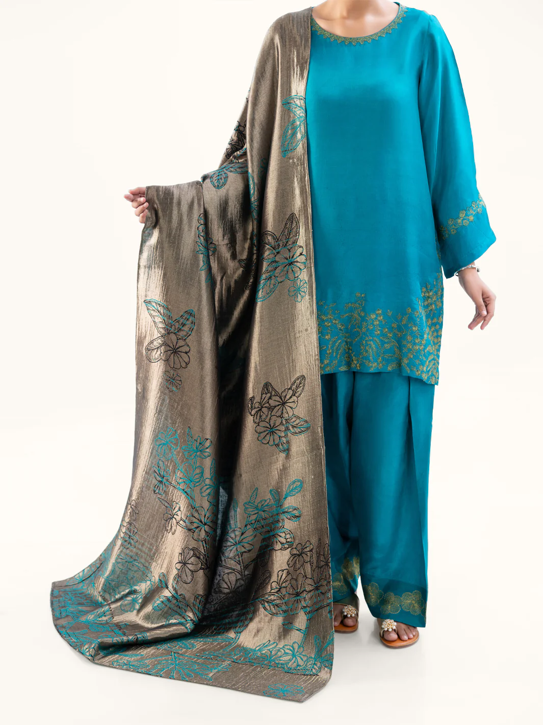 Turquoise Taffeta Silk 3Pc Stitched - AWP-3PS-776 - Image 4