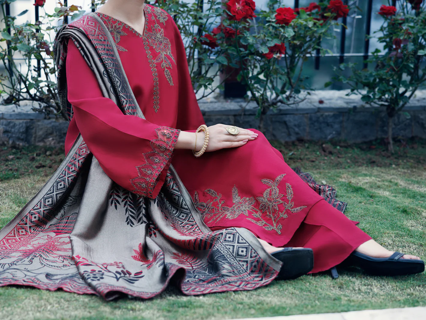 Red Taffeta Silk 3Pc Unstitched - AWP-3PS-778 - Image 3