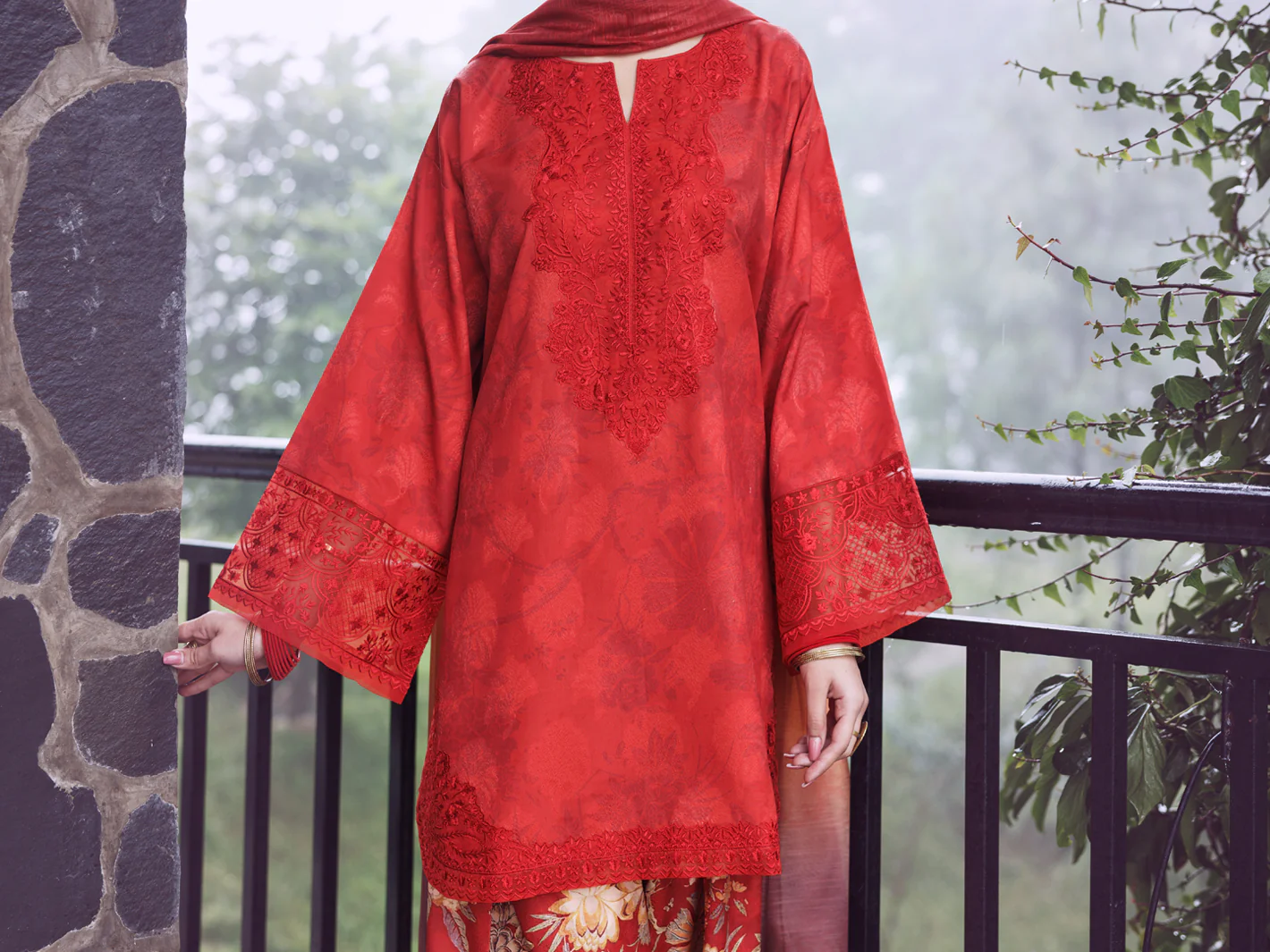 Red Poly Jacquard 3Pc Unstitched - AWP-3PS-797 - Image 3