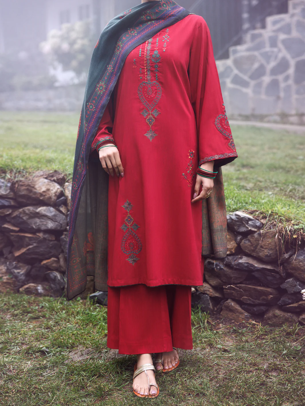 Red Poly Khaddar 3Pc Stitched - AWP-3PS-880
