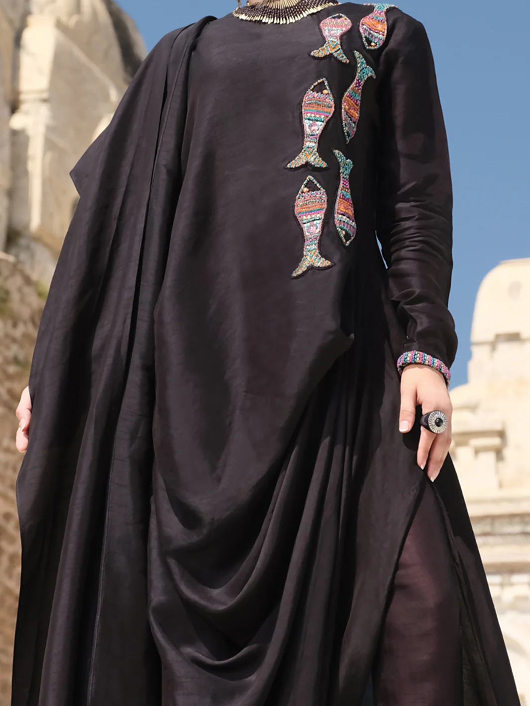 Black Raw Silk Tunic - LK-707 - Image 2