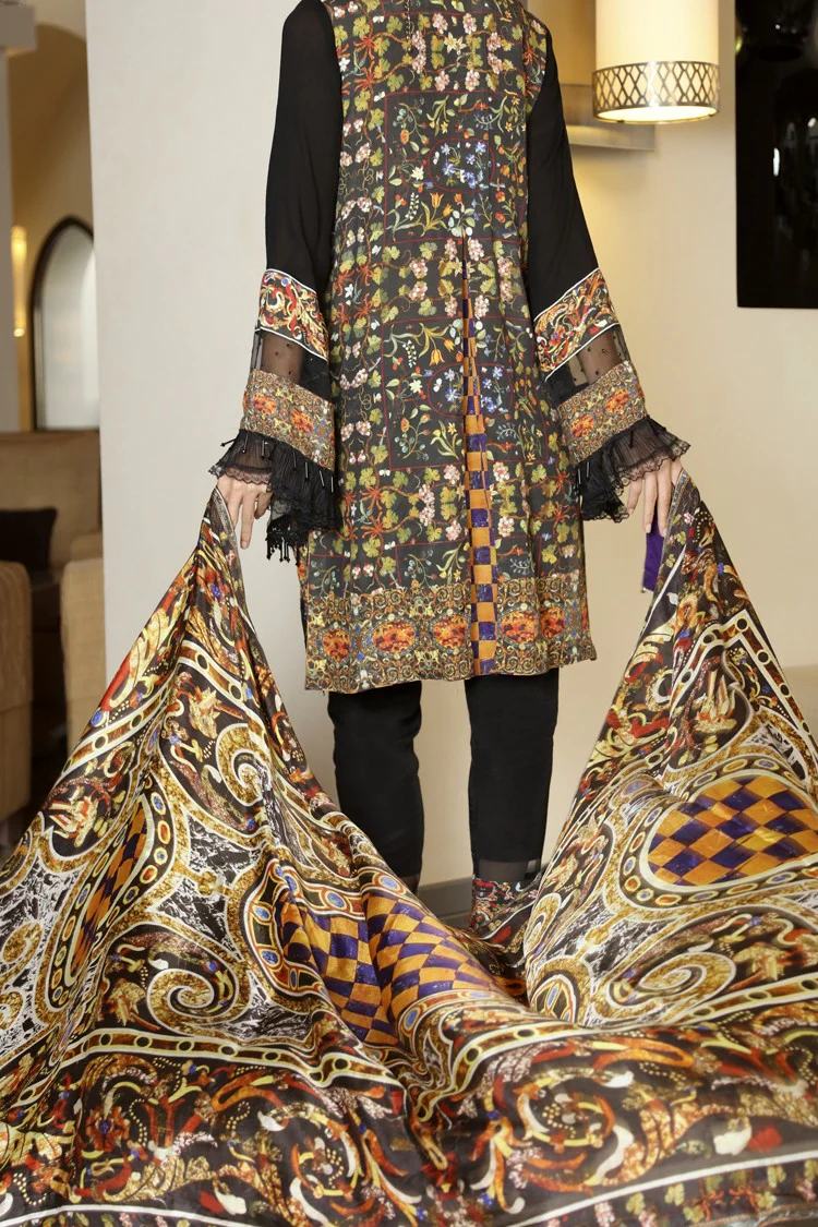 Black Silk Viscose 3 Piece Stitched - ALP-560 - Image 3